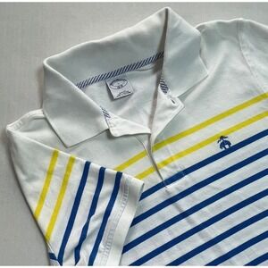 Brooks Brothers 1818 Slim Fit Striped Polo Shirt Men's Size L White Blue Yellow